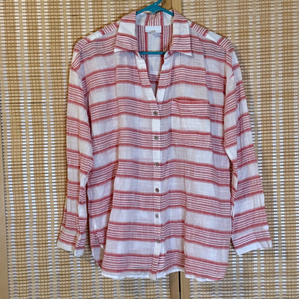 J. Jill Womens Red White Striped Cotton Gauze Button Down Shirt Size M Pocket